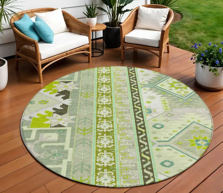 8' Sage Olive Green And Ivory Round Aztec Washable Indoor Outdoor Area Rug