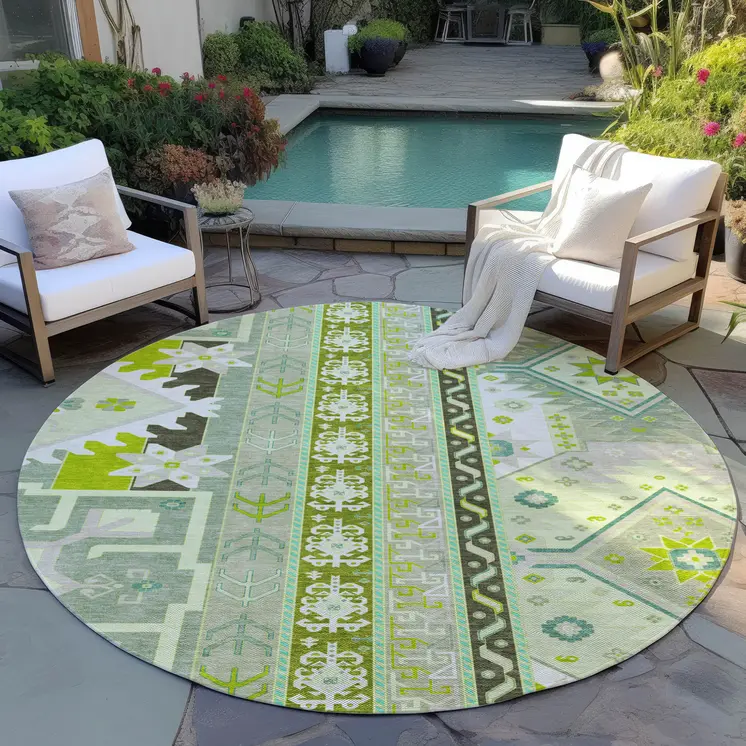 8' Sage Olive Green And Ivory Round Aztec Washable Indoor Outdoor Area Rug