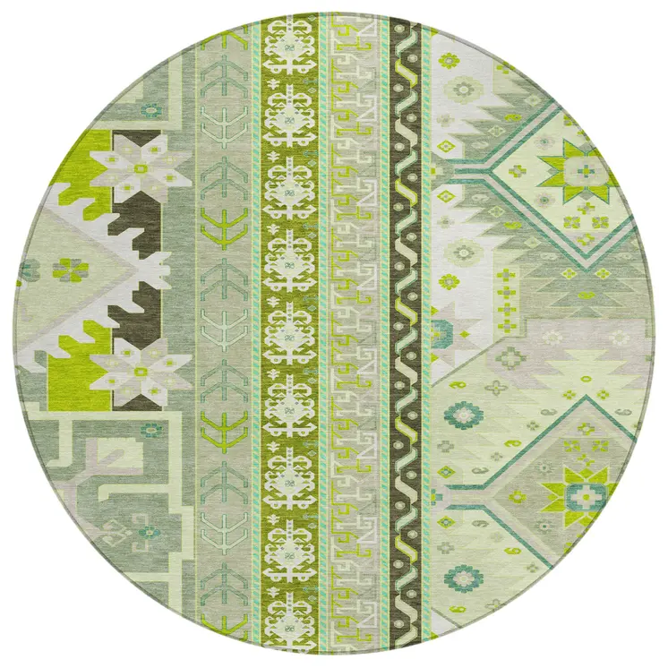 8' Sage Olive Green And Ivory Round Aztec Washable Indoor Outdoor Area Rug
