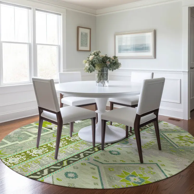 8' Sage Olive Green And Ivory Round Aztec Washable Indoor Outdoor Area Rug