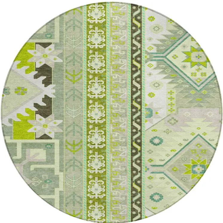 8' Sage Olive Green And Ivory Round Aztec Washable Indoor Outdoor Area Rug