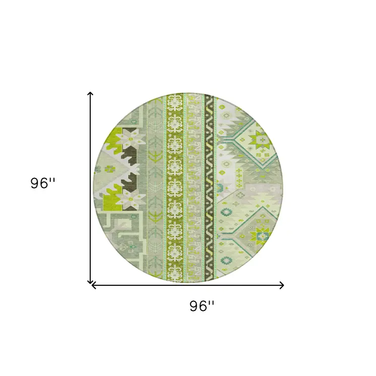8' Sage Olive Green And Ivory Round Aztec Washable Indoor Outdoor Area Rug