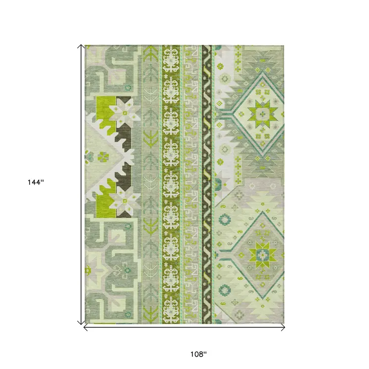 9' X 12' Sage Olive Green And Ivory Aztec Washable Indoor Outdoor Area Rug