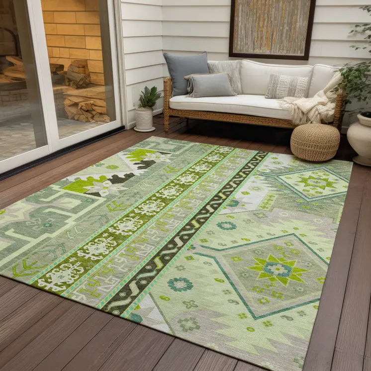 9' X 12' Sage Olive Green And Ivory Aztec Washable Indoor Outdoor Area Rug