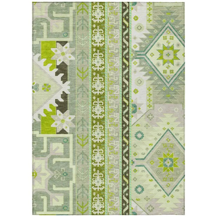 9' X 12' Sage Olive Green And Ivory Aztec Washable Indoor Outdoor Area Rug