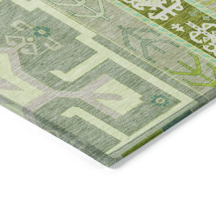 9' X 12' Sage Olive Green And Ivory Aztec Washable Indoor Outdoor Area Rug
