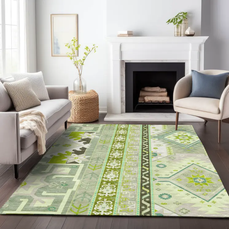 9' X 12' Sage Olive Green And Ivory Aztec Washable Indoor Outdoor Area Rug