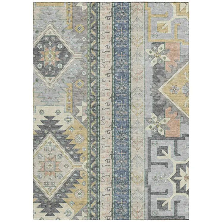 3' X 5' Silver Beige And Gold Aztec Washable Indoor Outdoor Area Rug