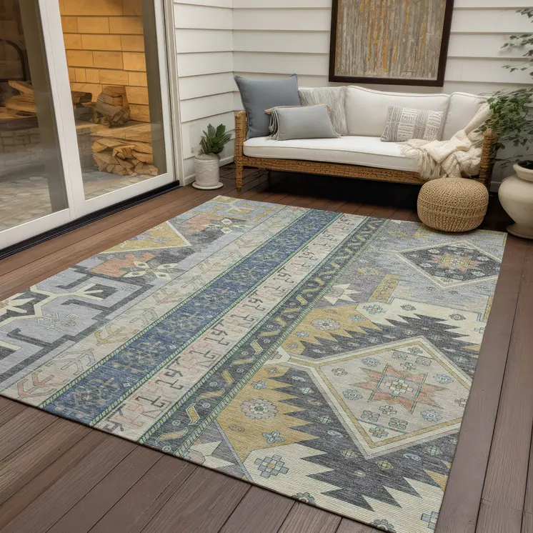 5' X 8' Silver Beige And Gold Aztec Washable Indoor Outdoor Area Rug