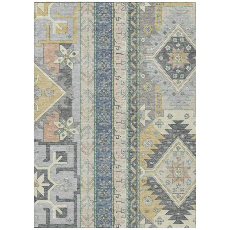 5' X 8' Silver Beige And Gold Aztec Washable Indoor Outdoor Area Rug