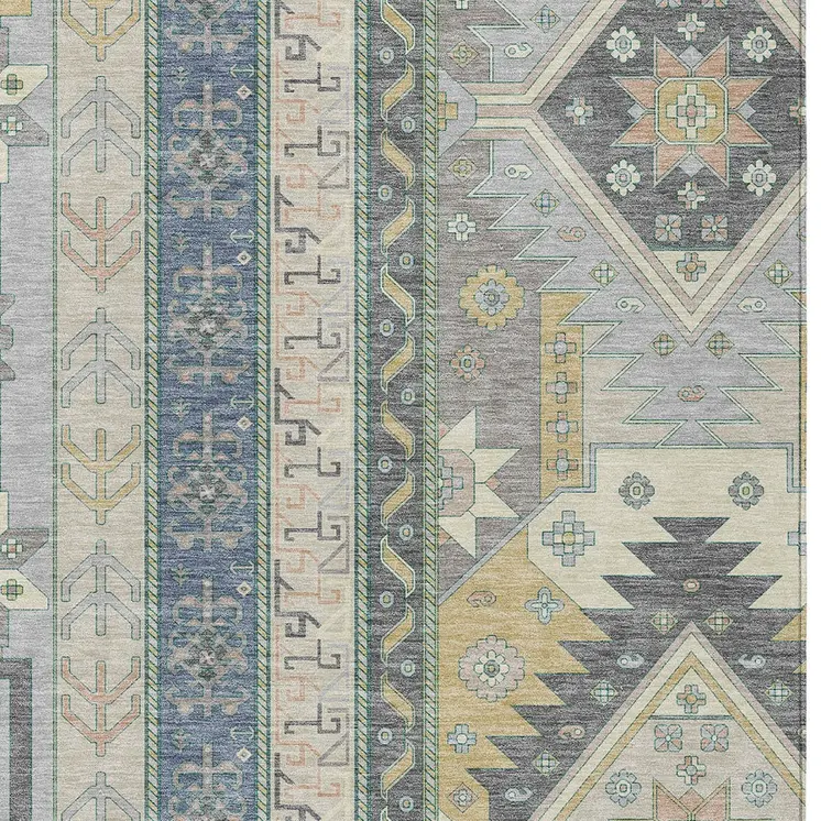 5' X 8' Silver Beige And Gold Aztec Washable Indoor Outdoor Area Rug