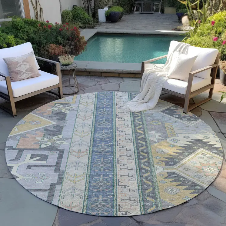 8' Silver Beige And Gold Round Aztec Washable Indoor Outdoor Area Rug