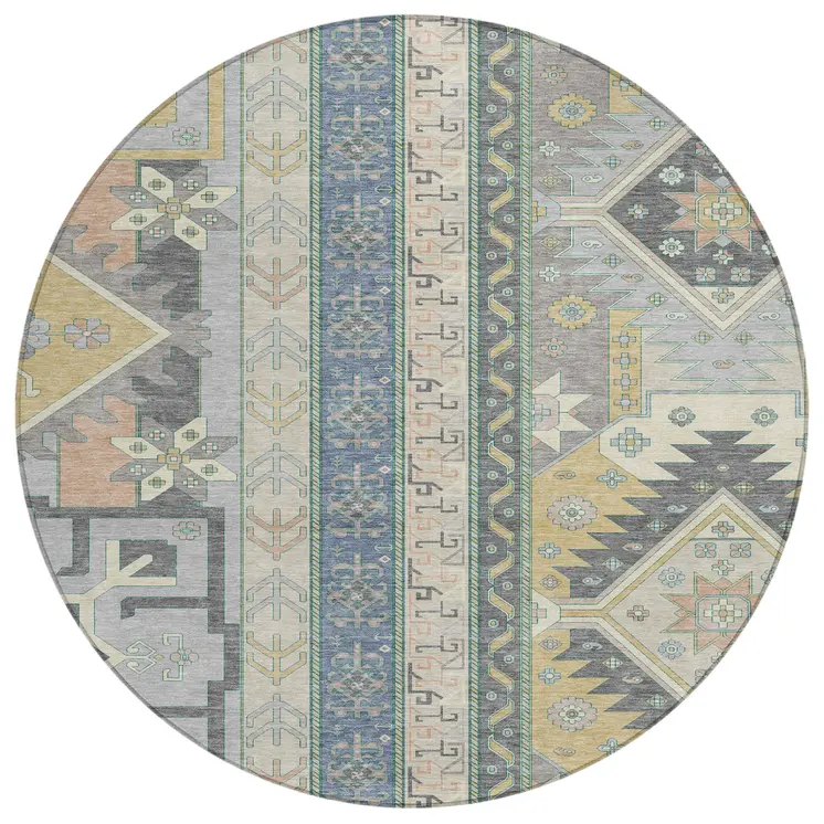 8' Silver Beige And Gold Round Aztec Washable Indoor Outdoor Area Rug