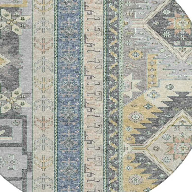 8' Silver Beige And Gold Round Aztec Washable Indoor Outdoor Area Rug