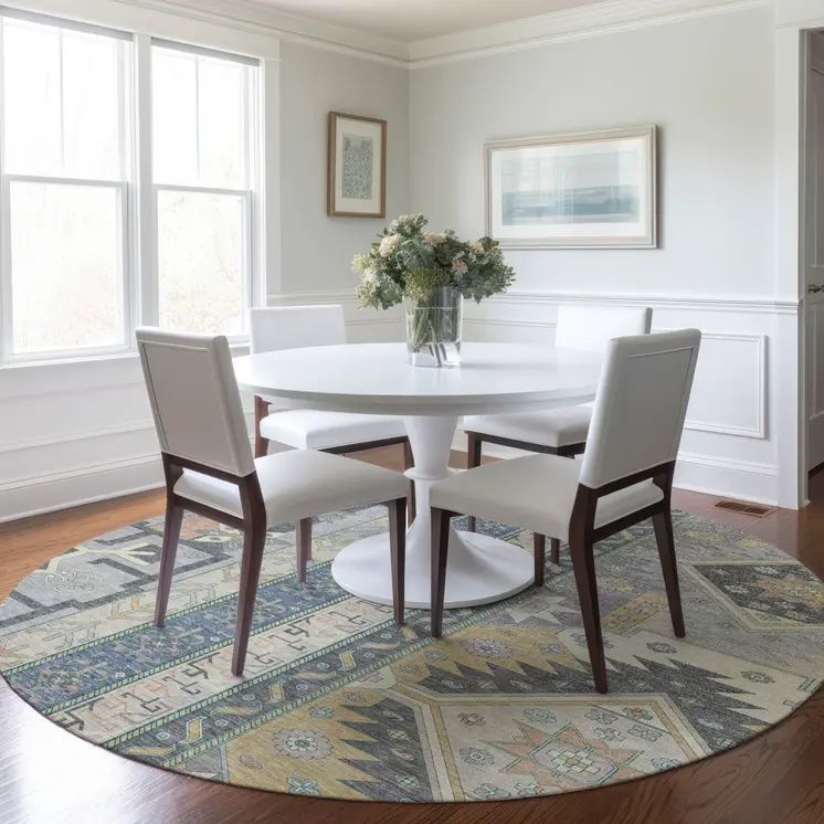 8' Silver Beige And Gold Round Aztec Washable Indoor Outdoor Area Rug