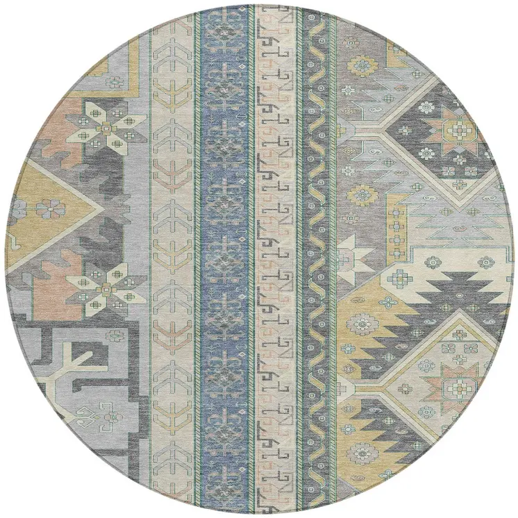8' Silver Beige And Gold Round Aztec Washable Indoor Outdoor Area Rug