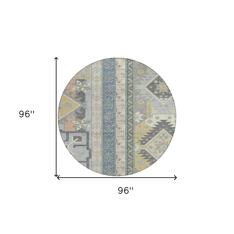 8' Silver Beige And Gold Round Aztec Washable Indoor Outdoor Area Rug
