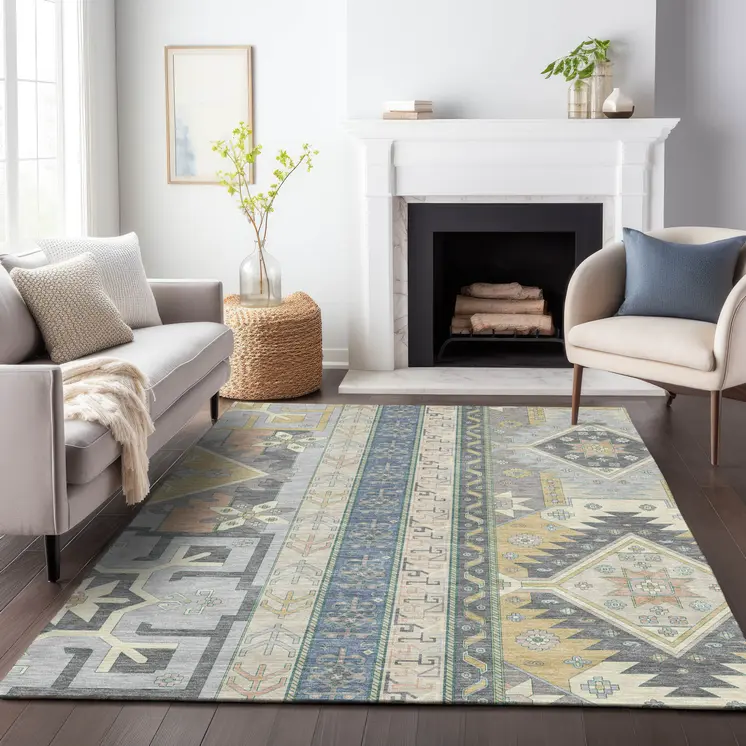 10' X 14' Silver Beige And Gold Aztec Washable Indoor Outdoor Area Rug