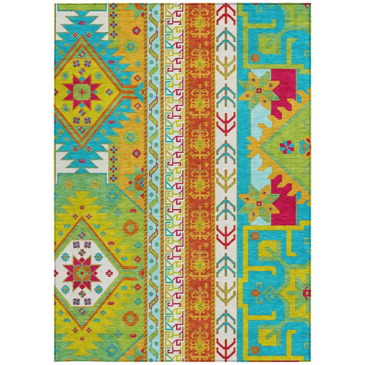 3' X 5' Teal Blue Green And Pink Aztec Washable Indoor Outdoor Area Rug