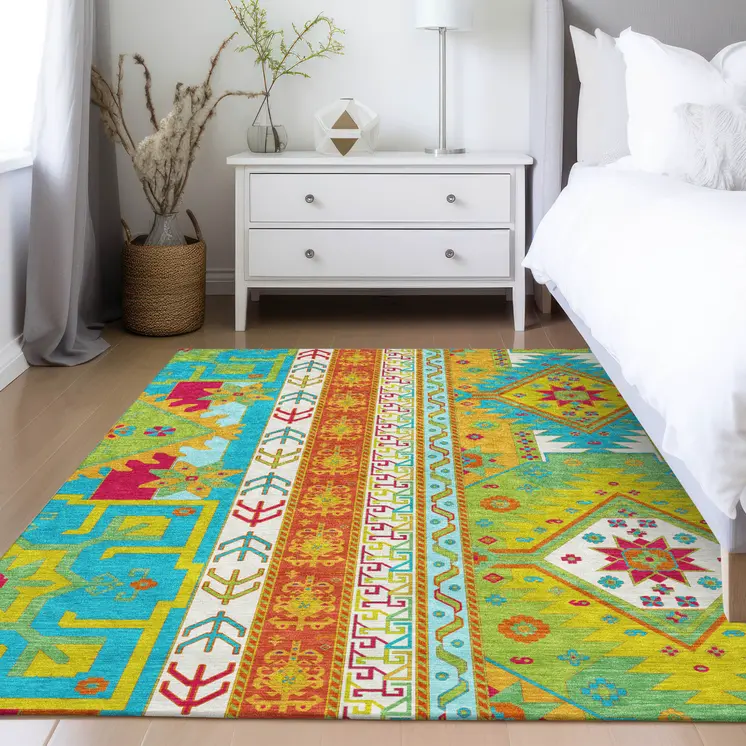 3' X 5' Teal Blue Green And Pink Aztec Washable Indoor Outdoor Area Rug