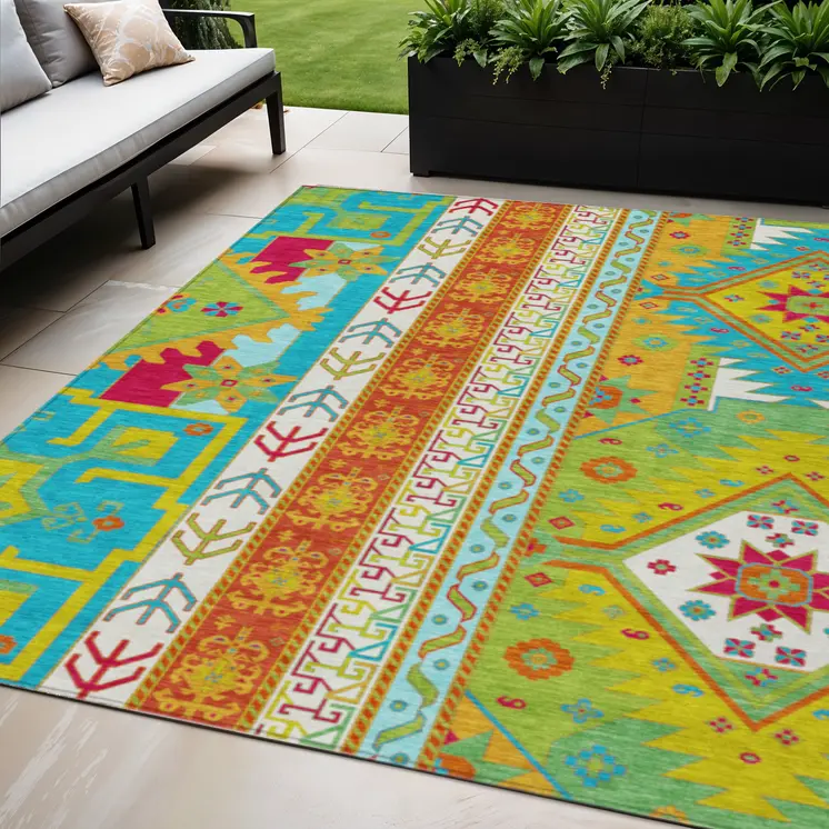 5' X 8' Teal Blue Green And Pink Aztec Washable Indoor Outdoor Area Rug