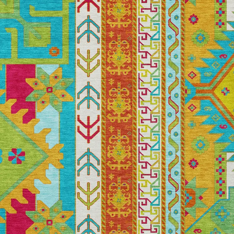 5' X 8' Teal Blue Green And Pink Aztec Washable Indoor Outdoor Area Rug