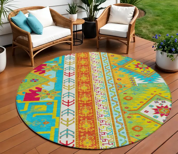 8' Teal Blue Green And Pink Round Aztec Washable Indoor Outdoor Area Rug