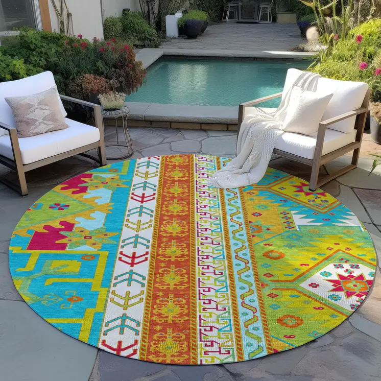 8' Teal Blue Green And Pink Round Aztec Washable Indoor Outdoor Area Rug
