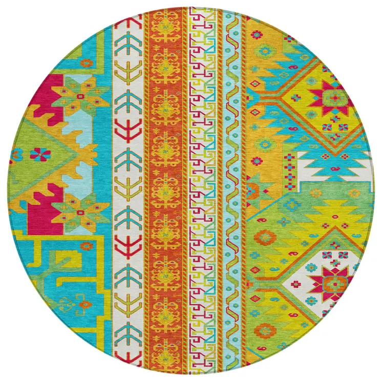 8' Teal Blue Green And Pink Round Aztec Washable Indoor Outdoor Area Rug