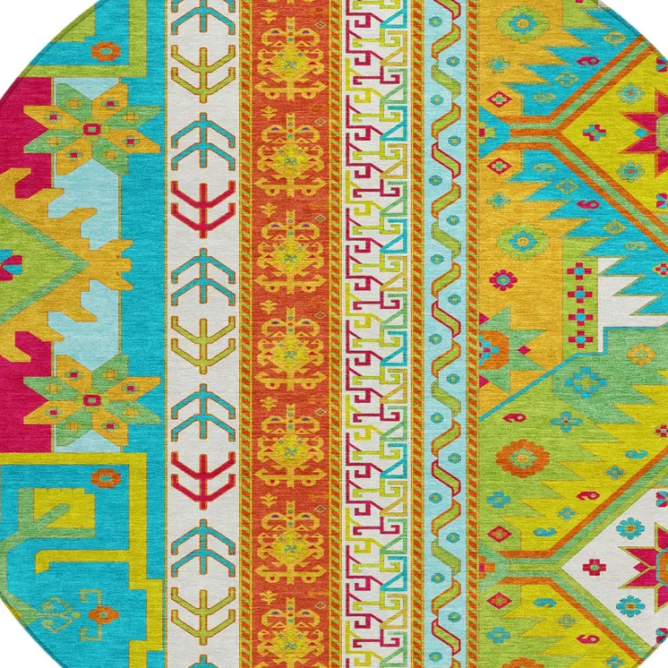 8' Teal Blue Green And Pink Round Aztec Washable Indoor Outdoor Area Rug