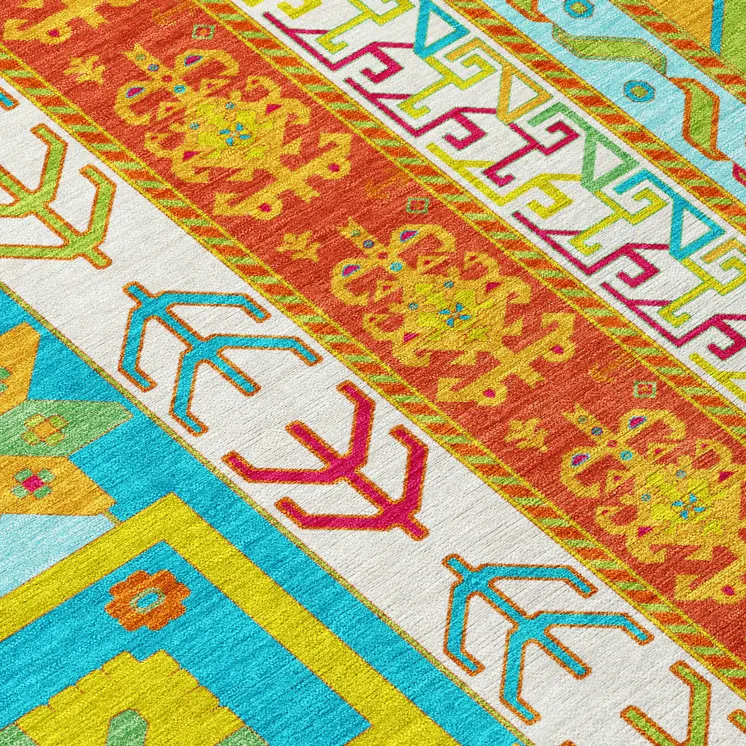 8' Teal Blue Green And Pink Round Aztec Washable Indoor Outdoor Area Rug