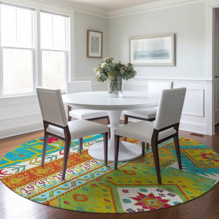 8' Teal Blue Green And Pink Round Aztec Washable Indoor Outdoor Area Rug