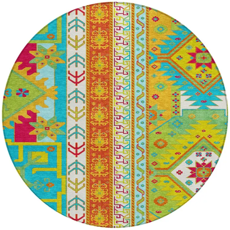 8' Teal Blue Green And Pink Round Aztec Washable Indoor Outdoor Area Rug