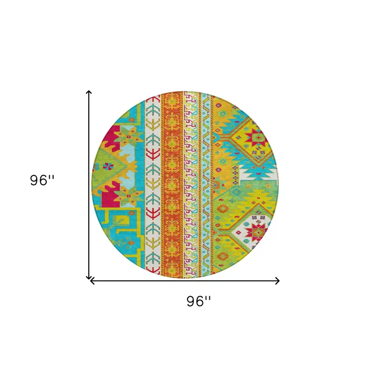 8' Teal Blue Green And Pink Round Aztec Washable Indoor Outdoor Area Rug