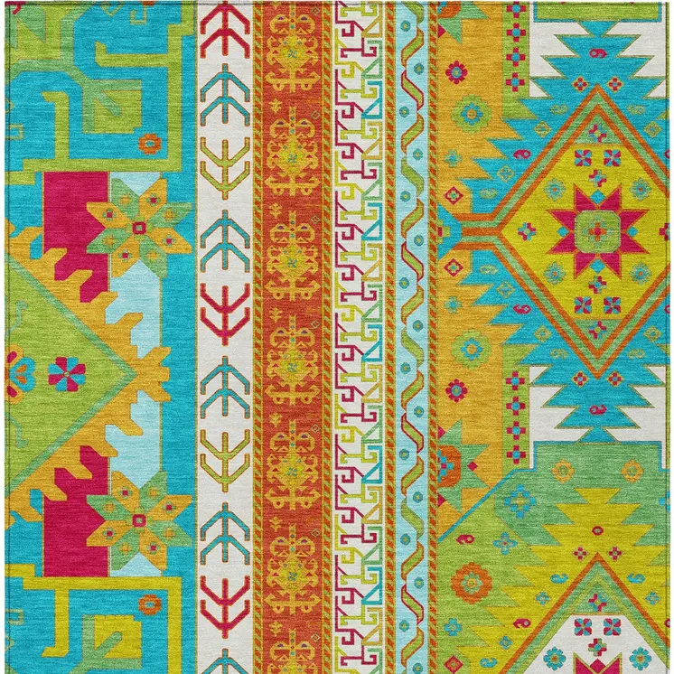 9' X 12' Teal Blue Green And Pink Aztec Washable Indoor Outdoor Area Rug