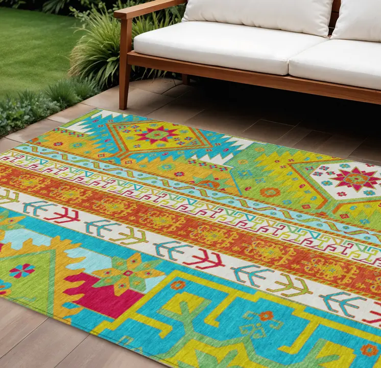 9' X 12' Teal Blue Green And Pink Aztec Washable Indoor Outdoor Area Rug