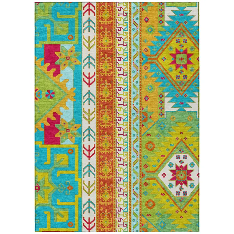 9' X 12' Teal Blue Green And Pink Aztec Washable Indoor Outdoor Area Rug