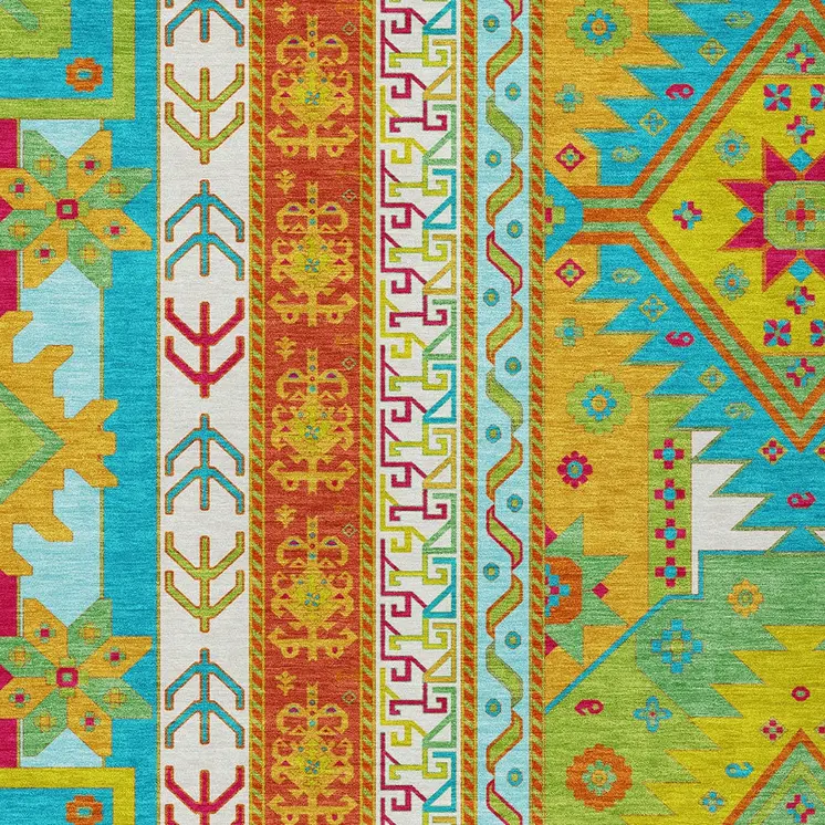 9' X 12' Teal Blue Green And Pink Aztec Washable Indoor Outdoor Area Rug