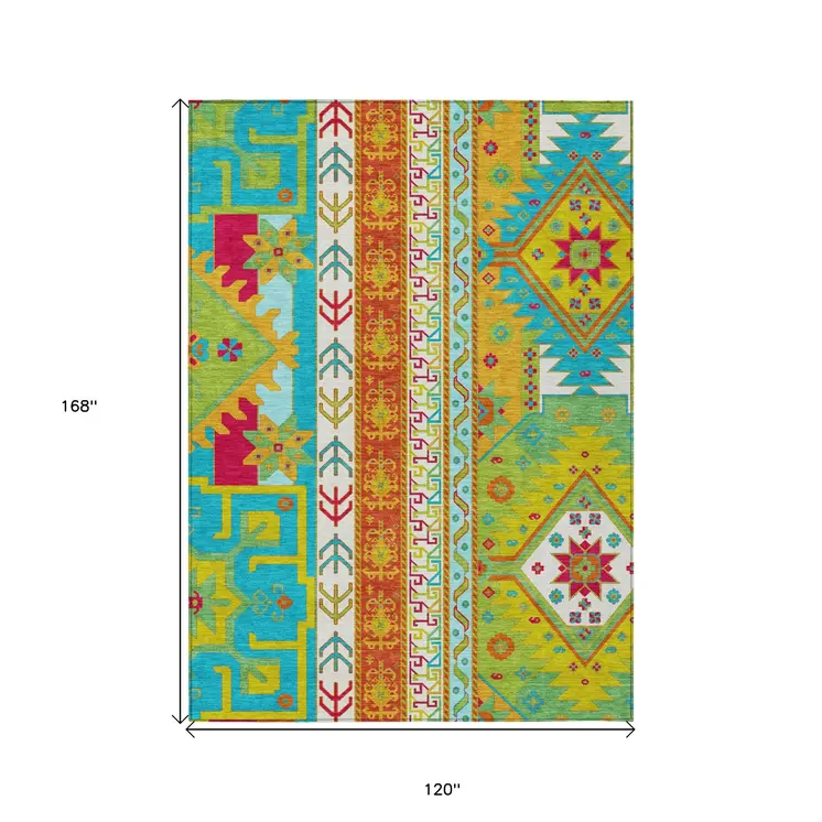 10' X 14' Teal Blue Green And Pink Aztec Washable Indoor Outdoor Area Rug