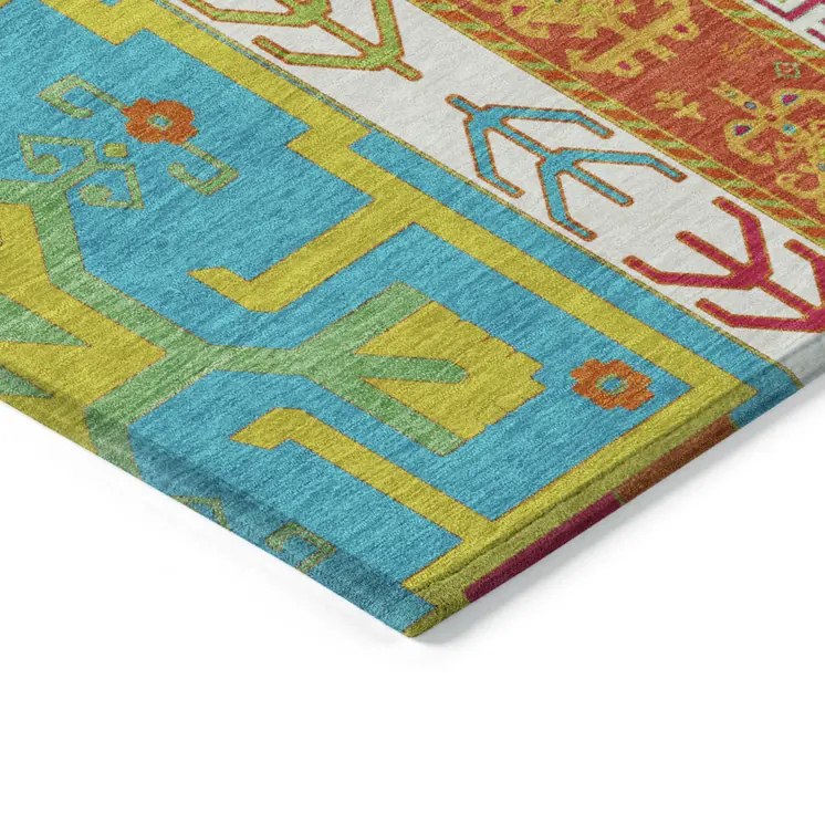 10' X 14' Teal Blue Green And Pink Aztec Washable Indoor Outdoor Area Rug