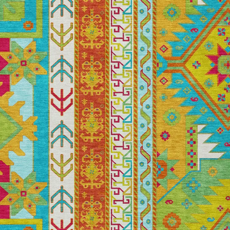 10' X 14' Teal Blue Green And Pink Aztec Washable Indoor Outdoor Area Rug