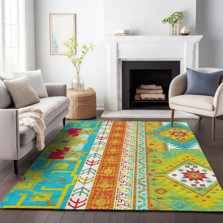 10' X 14' Teal Blue Green And Pink Aztec Washable Indoor Outdoor Area Rug