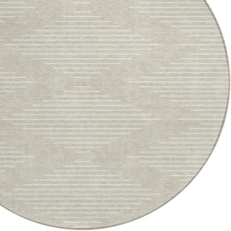 8' Beige And Ivory Round Geometric Washable Indoor Outdoor Area Rug
