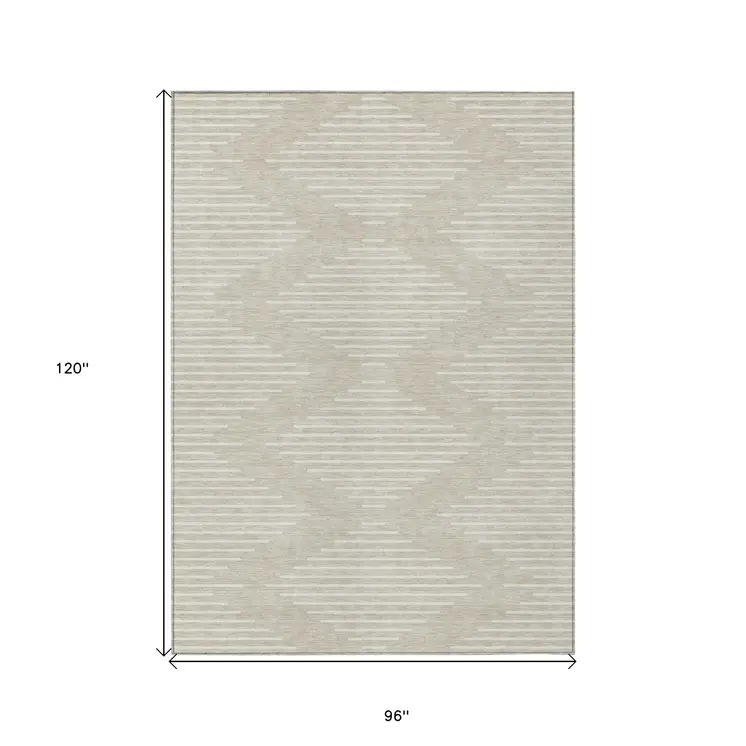8' X 10' Beige And Ivory Geometric Washable Indoor Outdoor Area Rug