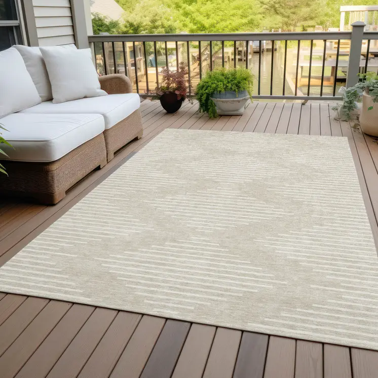 9' X 12' Beige And Ivory Geometric Washable Indoor Outdoor Area Rug