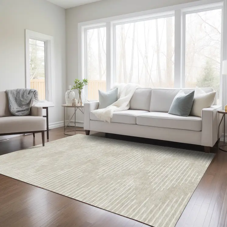 9' X 12' Beige And Ivory Geometric Washable Indoor Outdoor Area Rug