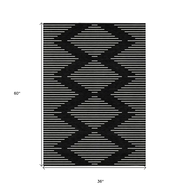 3' X 5' Black And Ivory Geometric Washable Indoor Outdoor Area Rug