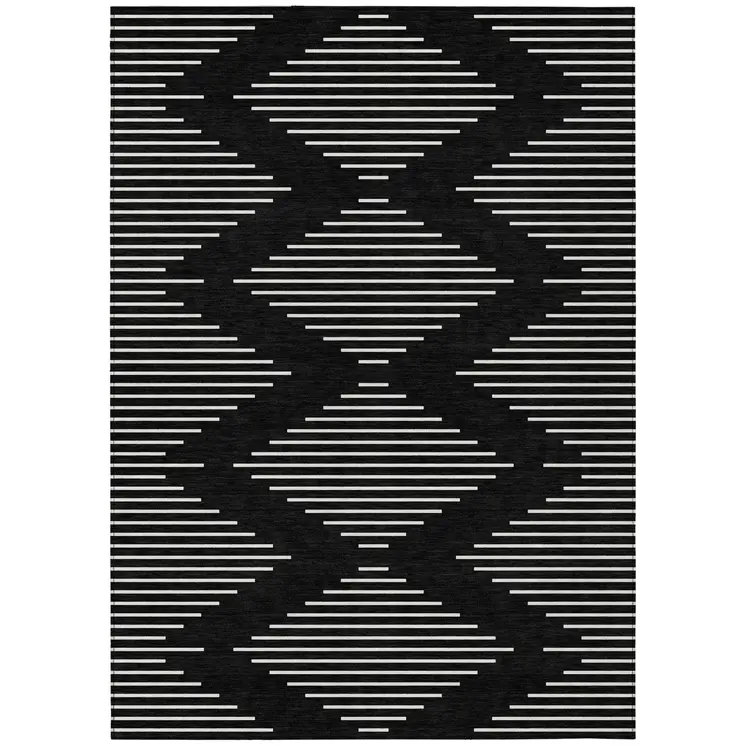 5' X 8' Black And Ivory Geometric Washable Indoor Outdoor Area Rug