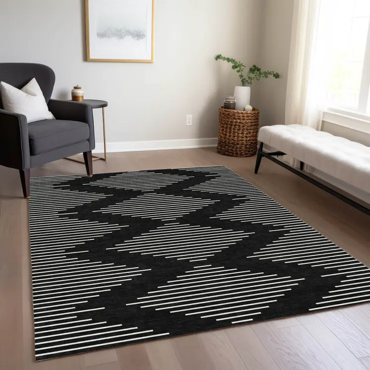 5' X 8' Black And Ivory Geometric Washable Indoor Outdoor Area Rug