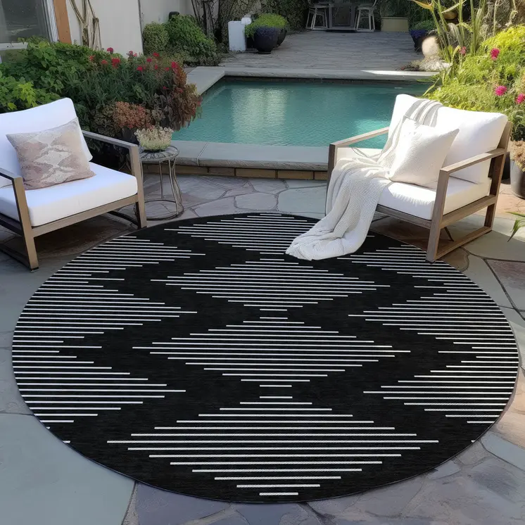 8' Black And Ivory Round Geometric Washable Indoor Outdoor Area Rug